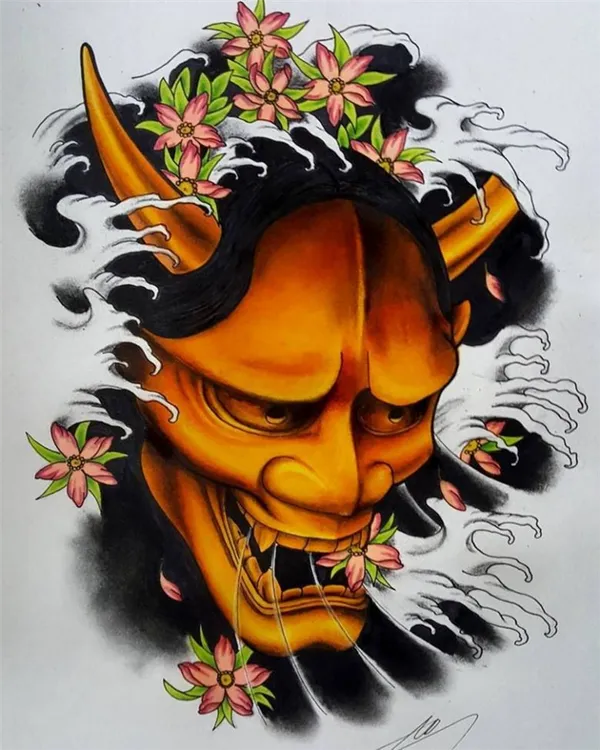 Значение татуировки маска Ханья. Японская маска демона. 2
