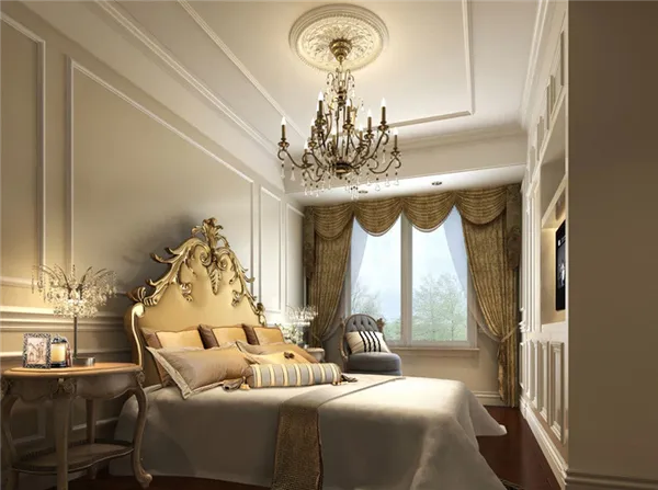 Если в спальне высокие потолки, то в комнату чудесно впишется роскошная люстра в лучших традициях стиля барокко