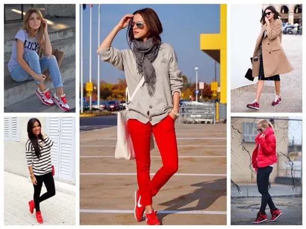 Красные кроссовки отлично смотрятся с зауженными брюками базовых оттенков, а также с юбками.