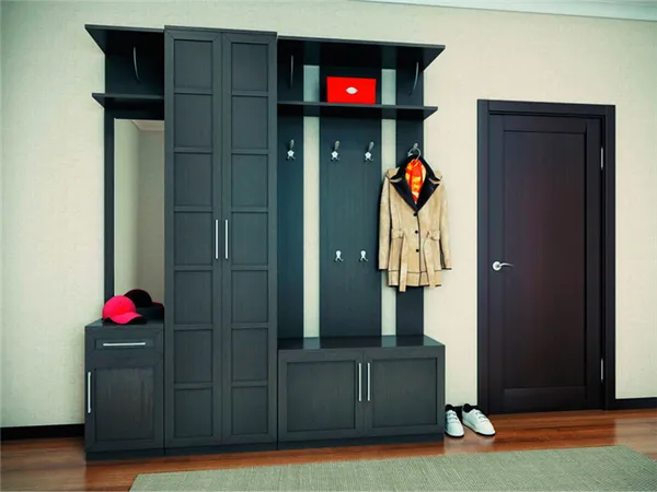 Мебельный гарнитур в интерьере прихожей с вешалкой для одежды и шкафом с распашными дверьми