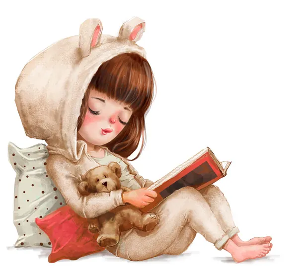 девочка с книгой и плюшевым мишкой