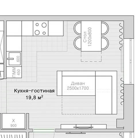 Площадь этой кухни-гостиной чуть меньше двадцати квадратов — всего 19,8 квадратных метра. Функциональные зоны здесь расположены с учетом формы: в одном углу — Г-образный гарнитур.