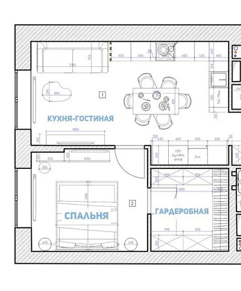 В этом пространстве кухни главную роль играют функциональные элементы, что довольно нетипично. Но такая планировка вполне имеет место быть, если в квартире живет большая семья и хозяева любят готовить.