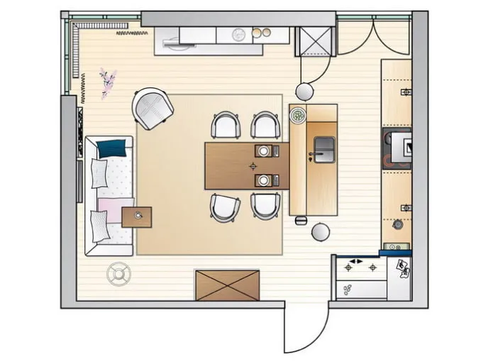 пример расстановки мебели в совмещенной кухне с гостиной